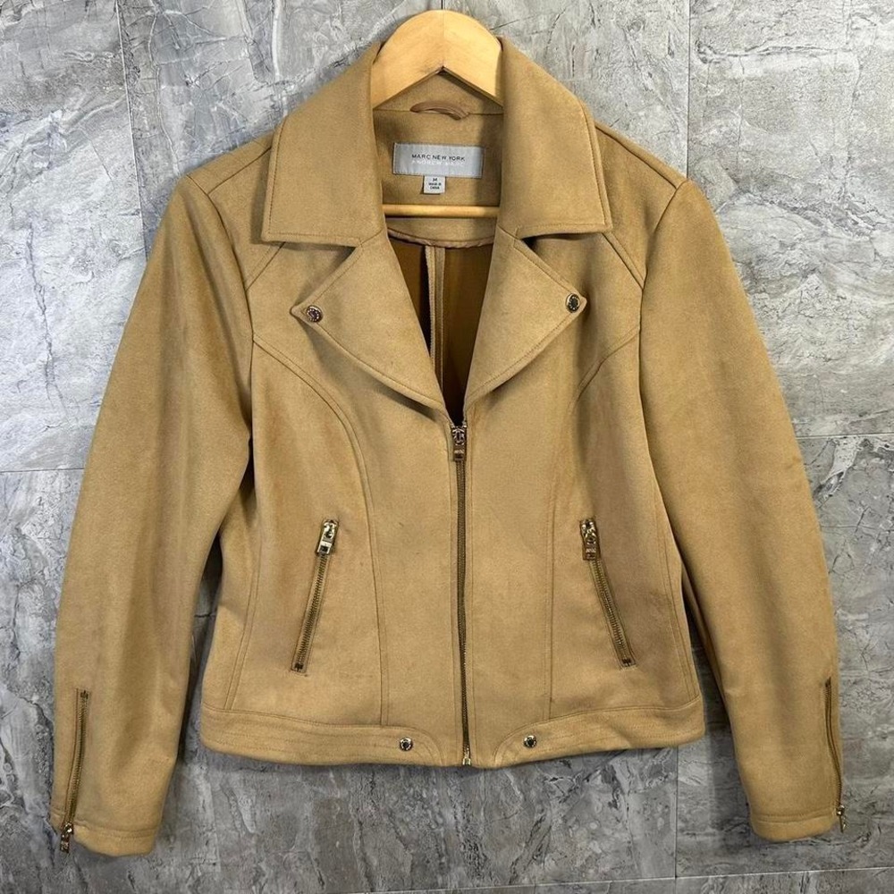 Marc New York‎ Andrew Marc Tan brown faux suede leather biker jacket Woman's M